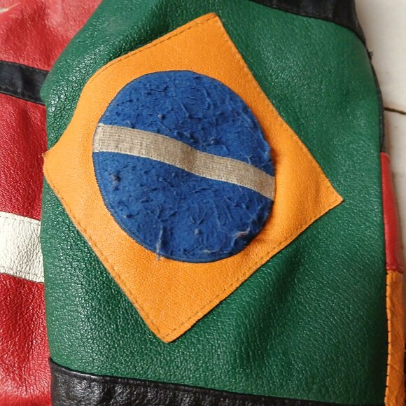 Vintage 90's Leather Jacket Very Rare International Flags Patches USA America - Picture 5 of 12